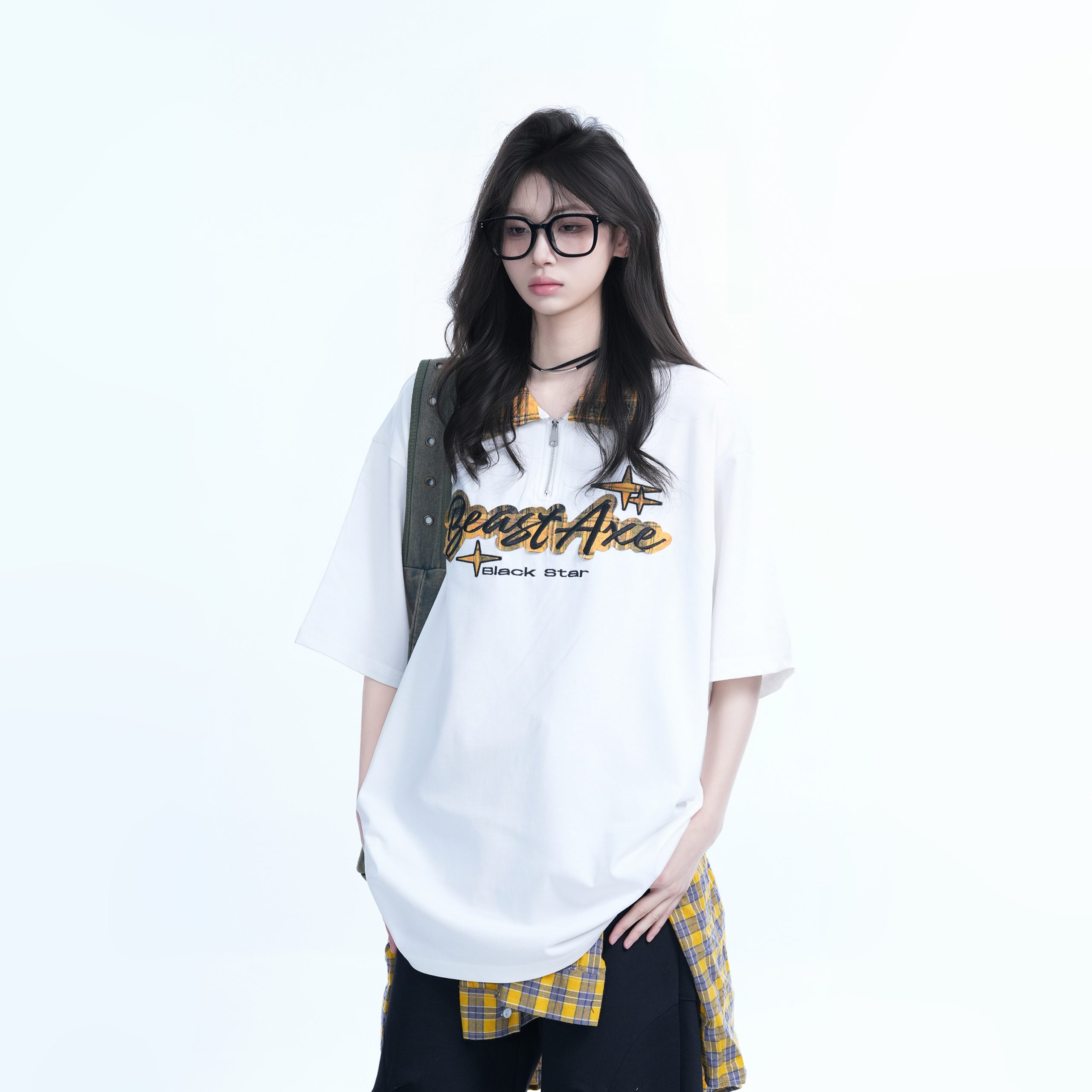 Oversized Loose Plaid Polo T-Shirt for Women - American College Style, Short Sleeve Tee with Casual Comfort and Trendy Design Oversized Loose Plaid Polo T-Shirt for Women - American College Style, Short Sleeve Tee with Casual Comfort and Trendy Design