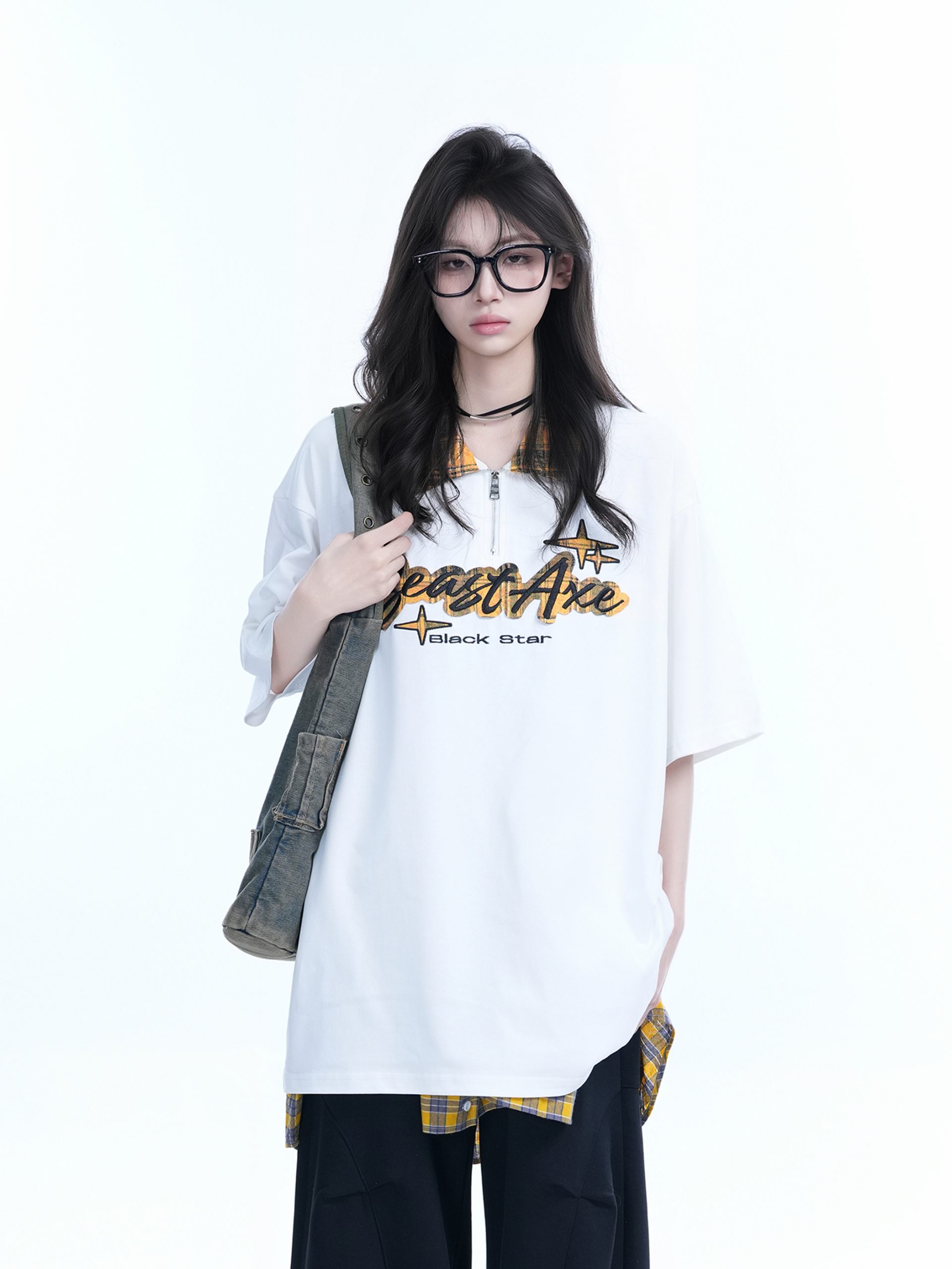 Oversized Loose Plaid Polo T-Shirt for Women - American College Style, Short Sleeve Tee with Casual Comfort and Trendy Design Oversized Loose Plaid Polo T-Shirt for Women - American College Style, Short Sleeve Tee with Casual Comfort and Trendy Design