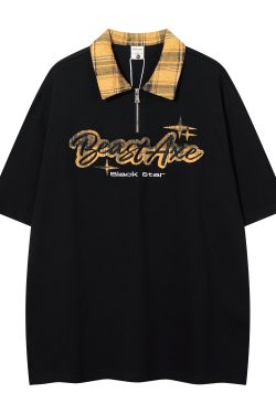 Oversized Loose Plaid Polo T-Shirt for Women - American College Style, Short Sleeve Tee with Casual Comfort and Trendy Design