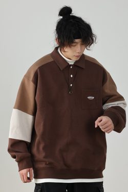 Oversized Men's Patchwork Polo Shirt Sweatshirt - Casual Couples Outfit for Regular Holidays, Sports & Leisure Wear