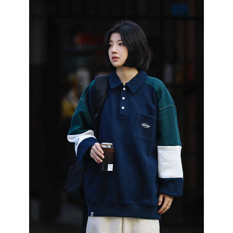 Oversized Men's Patchwork Polo Shirt Sweatshirt - Casual Couples Outfit for Regular Holidays, Sports & Leisure Wear Oversized Men's Patchwork Polo Shirt Sweatshirt - Casual Couples Outfit for Regular Holidays, Sports & Leisure Wear