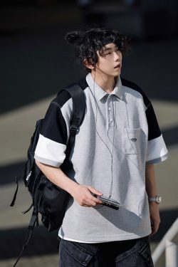 Oversized Men's Patchwork Polo Shirt Sweatshirt - Casual Couples Outfit for Regular Holidays, Sports & Leisure Wear