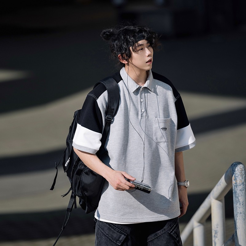 Oversized Men's Patchwork Polo Shirt Sweatshirt - Casual Couples Outfit for Regular Holidays, Sports & Leisure Wear Oversized Men's Patchwork Polo Shirt Sweatshirt - Casual Couples Outfit for Regular Holidays, Sports & Leisure Wear