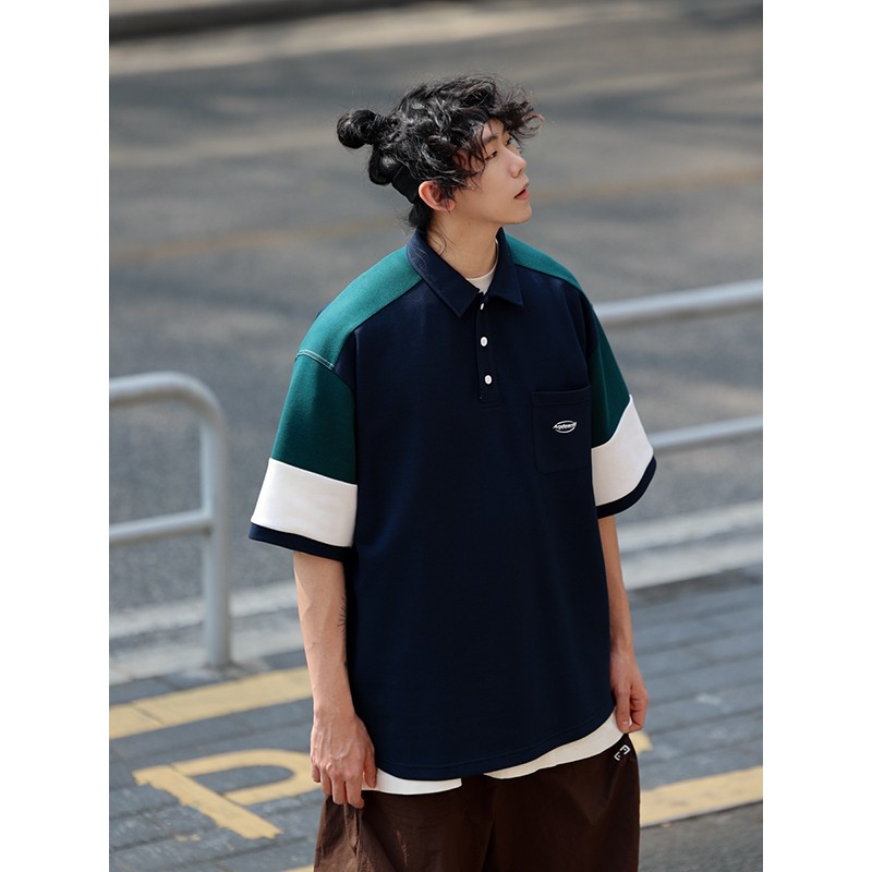 Oversized Men's Patchwork Polo Shirt Sweatshirt - Casual Couples Outfit for Regular Holidays, Sports & Leisure Wear Oversized Men's Patchwork Polo Shirt Sweatshirt - Casual Couples Outfit for Regular Holidays, Sports & Leisure Wear