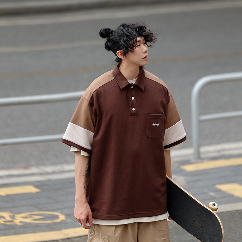 Oversized Men's Patchwork Polo Shirt Sweatshirt - Casual Couples Outfit for Regular Holidays, Sports & Leisure Wear Oversized Men's Patchwork Polo Shirt Sweatshirt - Casual Couples Outfit for Regular Holidays, Sports & Leisure Wear