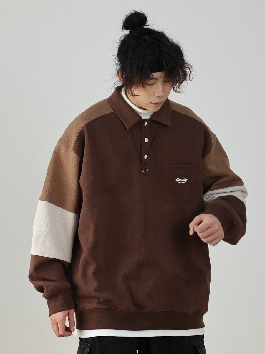 Oversized Men's Patchwork Polo Shirt Sweatshirt - Casual Couples Outfit for Regular Holidays, Sports & Leisure Wear Oversized Men's Patchwork Polo Shirt Sweatshirt - Casual Couples Outfit for Regular Holidays, Sports & Leisure Wear