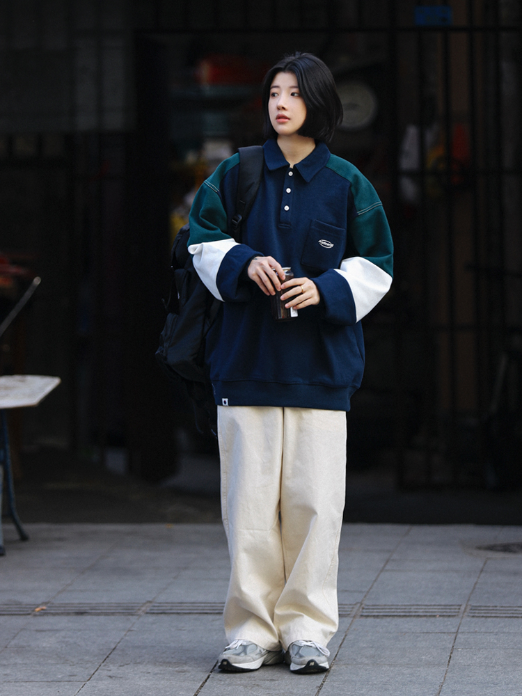 Oversized Men's Patchwork Polo Shirt Sweatshirt - Casual Couples Outfit for Regular Holidays, Sports & Leisure Wear Oversized Men's Patchwork Polo Shirt Sweatshirt - Casual Couples Outfit for Regular Holidays, Sports & Leisure Wear