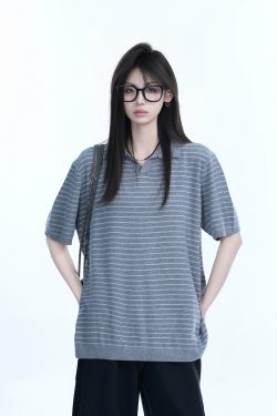 Oversized Retro American-Style Striped Short Sleeve T-Shirt for Women - Heavyweight Casual Fashion Top