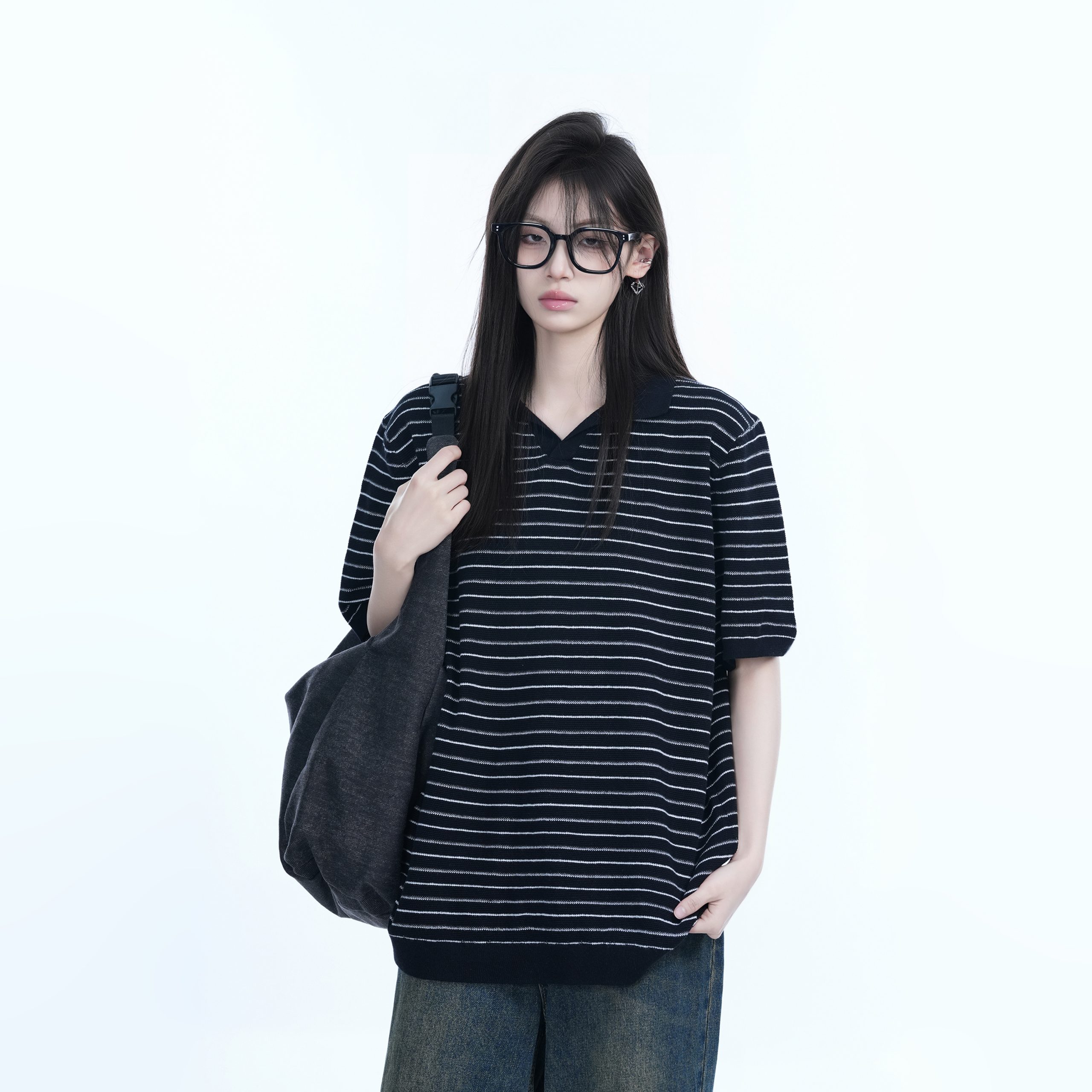 Oversized Retro American-Style Striped Short Sleeve T-Shirt for Women - Heavyweight Casual Fashion Top Oversized Retro American-Style Striped Short Sleeve T-Shirt for Women - Heavyweight Casual Fashion Top