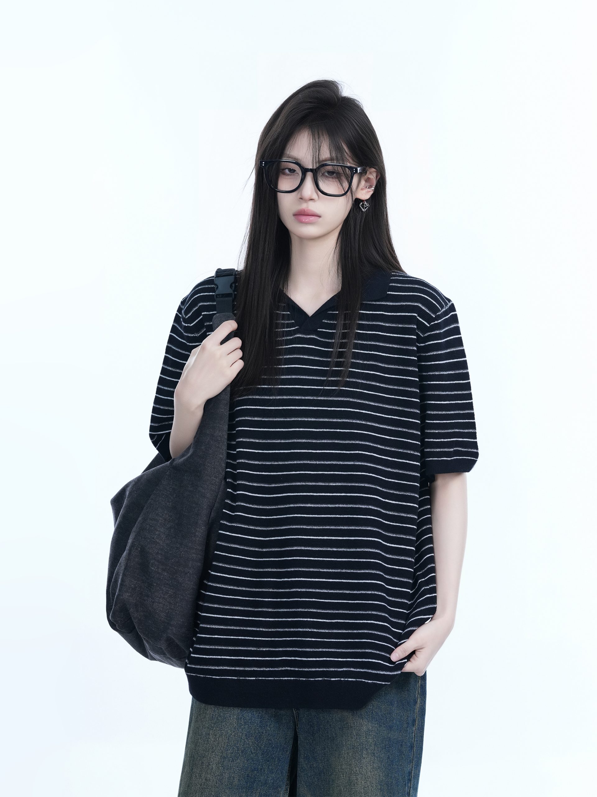 Oversized Retro American-Style Striped Short Sleeve T-Shirt for Women - Heavyweight Casual Fashion Top Oversized Retro American-Style Striped Short Sleeve T-Shirt for Women - Heavyweight Casual Fashion Top