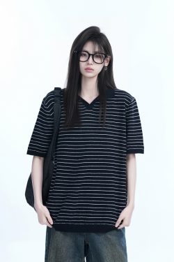 Oversized Retro American-Style Striped Short Sleeve T-Shirt for Women - Heavyweight Casual Fashion Top