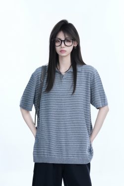 Oversized Retro American-Style Striped Short Sleeve T-Shirt for Women - Heavyweight Casual Fashion Top