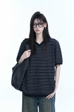 Oversized Retro American-Style Striped Short Sleeve T-Shirt for Women - Heavyweight Casual Fashion Top