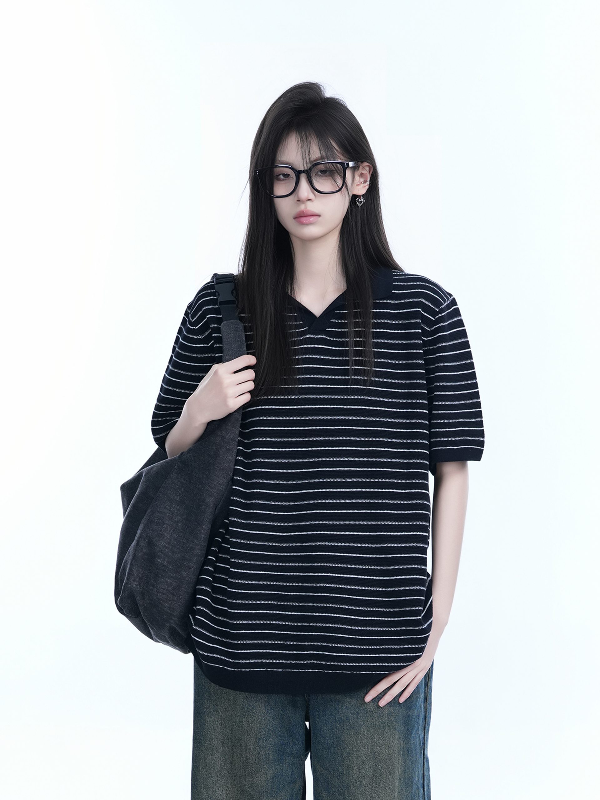 Oversized Retro American-Style Striped Short Sleeve T-Shirt for Women - Heavyweight Casual Fashion Top Oversized Retro American-Style Striped Short Sleeve T-Shirt for Women - Heavyweight Casual Fashion Top