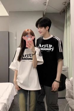 Oversized Spliced Three-Stripe Short Sleeve T-Shirt for Women - American High Street Style, Casual Summer Trend for Juniors