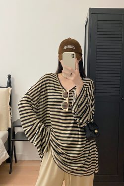 Oversized Striped U-Neck T-Shirt for Women - Sun Grapefruit Color, Thin Long Sleeve, Korean Style Summer Top for Sun Protection