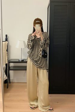 Oversized Striped U-Neck T-Shirt for Women - Sun Grapefruit Color, Thin Long Sleeve, Korean Style Summer Top for Sun Protection
