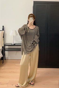 Oversized Striped U-Neck T-Shirt for Women - Sun Grapefruit Color, Thin Long Sleeve, Korean Style Summer Top for Sun Protection
