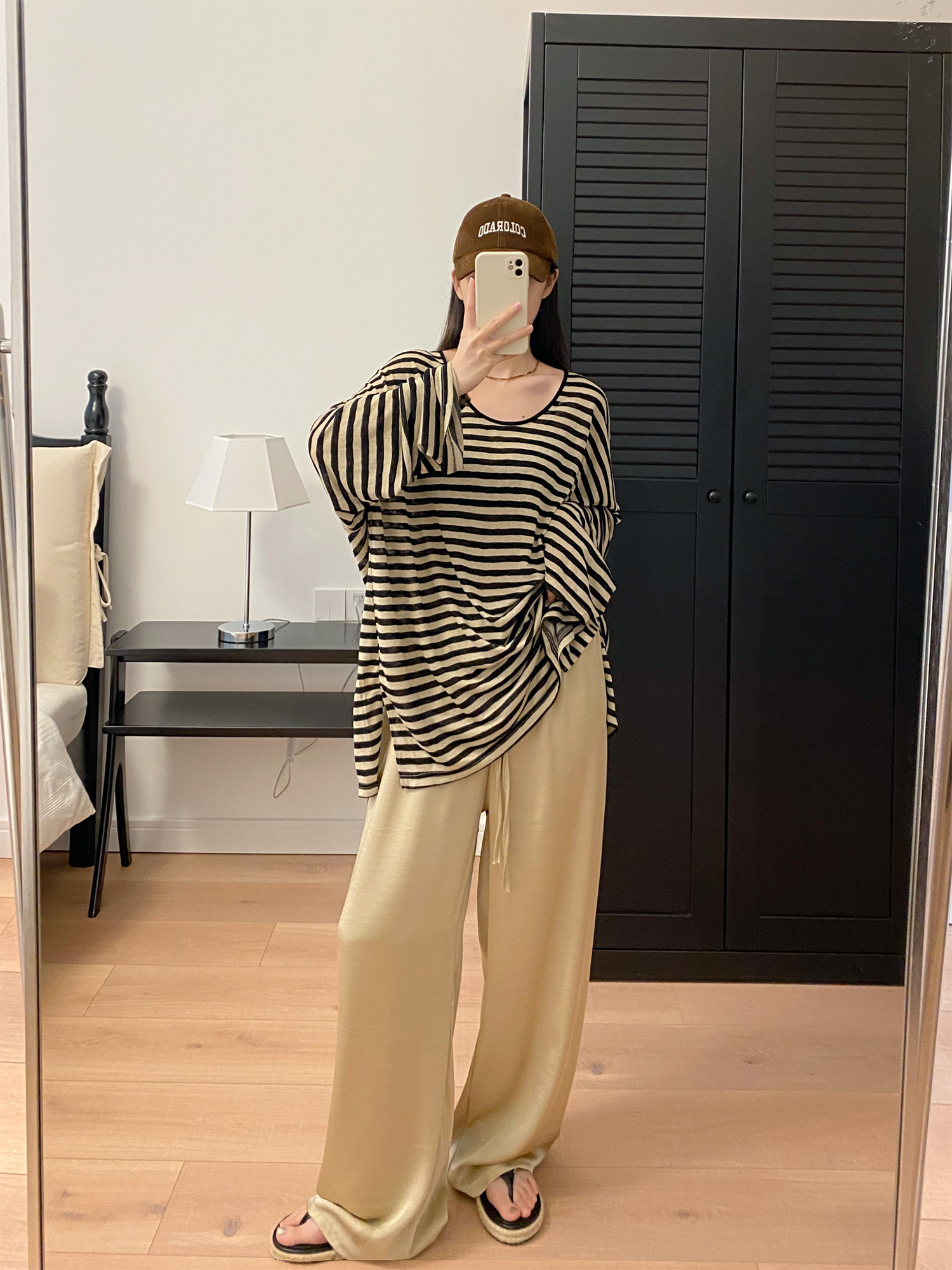 Oversized Striped U-Neck T-Shirt for Women - Sun Grapefruit Color, Thin Long Sleeve, Korean Style Summer Top for Sun Protection Oversized Striped U-Neck T-Shirt for Women - Sun Grapefruit Color, Thin Long Sleeve, Korean Style Summer Top for Sun Protection