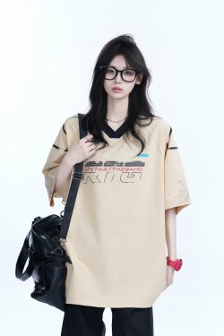 Oversized V-Neck Short Sleeve T-Shirt for Women - American Street Style with