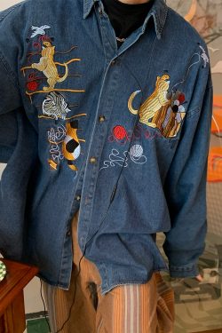 Oversized Vintage Denim Jacket with Cat Embroidery - Autumn 90s Style Fashion Outerwear