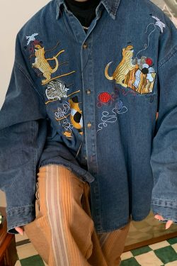 Oversized Vintage Denim Jacket with Cat Embroidery - Autumn 90s Style Fashion Outerwear