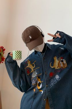 Oversized Vintage Denim Jacket with Cat Embroidery - Autumn 90s Style Fashion Outerwear