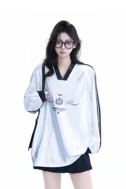 Oversized Women's Color-Blocking Satin Jersey T-Shirt - American Sports Style V-Neck Long Sleeve Trendy Top
