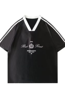 Oversized Women's Color-Blocking Satin Jersey T-Shirt - American Sports Style V-Neck Long Sleeve Trendy Top