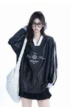 Oversized Women's Color-Blocking Satin Jersey T-Shirt - American Sports Style V-Neck Long Sleeve Trendy Top