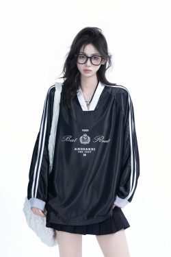 Oversized Women's Color-Blocking Satin Jersey T-Shirt - American Sports Style V-Neck Long Sleeve Trendy Top