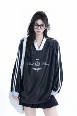 Oversized Women's Color-Blocking Satin Jersey T-Shirt - American Sports Style V-Neck Long Sleeve Trendy Top