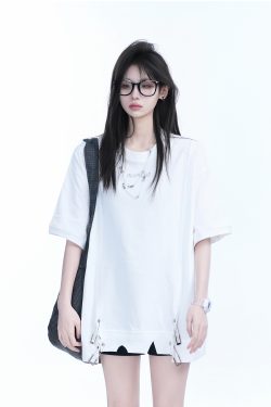 Oversized Women's Short Sleeve T-Shirt with American High Street Pin Design - Trendy Loose Fit, Casual Style for Everyday Wear