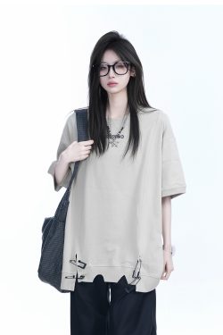 Oversized Women's Short Sleeve T-Shirt with American High Street Pin Design - Trendy Loose Fit, Casual Style for Everyday Wear