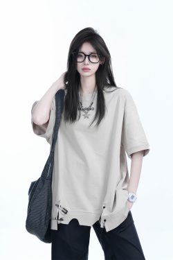 Oversized Women's Short Sleeve T-Shirt with American High Street Pin Design - Trendy Loose Fit, Casual Style for Everyday Wear