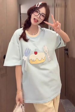 Patchwork Embroidered Cherry Cake Short Sleeve T-Shirt for Women - Summer 2025 Color-Blocked Trendy Top, Age-Reducing Style