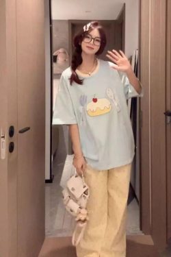 Patchwork Embroidered Cherry Cake Short Sleeve T-Shirt for Women - Summer 2025 Color-Blocked Trendy Top, Age-Reducing Style