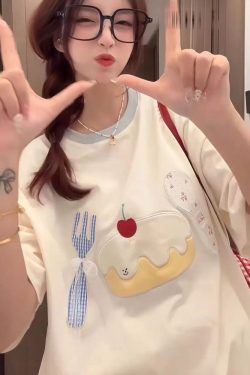 Patchwork Embroidered Cherry Cake Short Sleeve T-Shirt for Women - Summer 2025 Color-Blocked Trendy Top, Age-Reducing Style