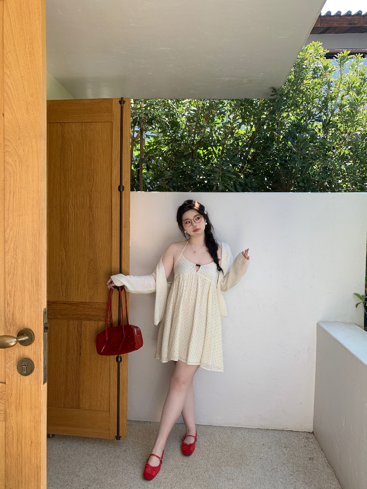 Peach Milk Polka Dot Halter Neck Camisole Dress - Sheer Layered Design, Cute Pink Color, Trendy Y2K Style Peach Milk Polka Dot Halter Neck Camisole Dress - Sheer Layered Design, Cute Pink Color, Trendy Y2K Style