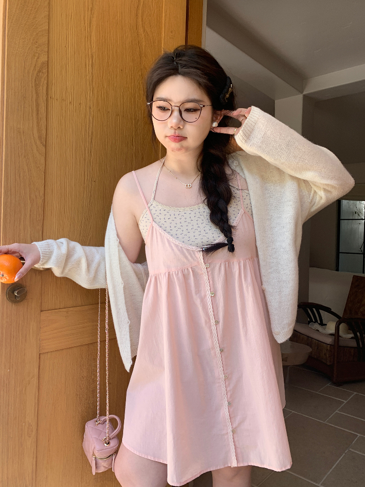 Peach Milk Polka Dot Halter Neck Camisole Dress - Sheer Layered Design, Cute Pink Color, Trendy Y2K Style Peach Milk Polka Dot Halter Neck Camisole Dress - Sheer Layered Design, Cute Pink Color, Trendy Y2K Style