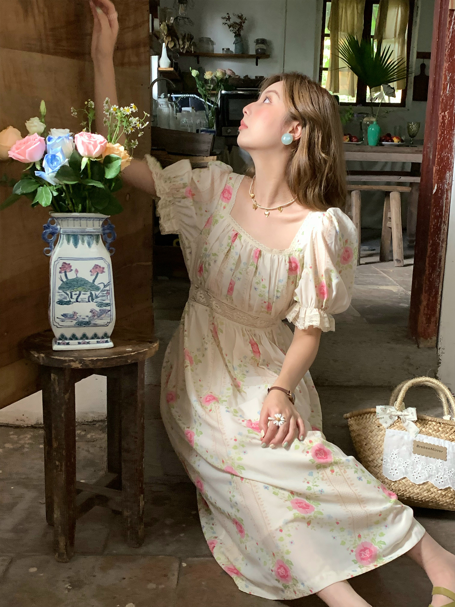 Peach Rose Retro Romantic Square Neck Dress with Puff Sleeves - Women's Summer Waist-Defined Lace Long Dress for 90s Y2K Style Peach Rose Retro Romantic Square Neck Dress with Puff Sleeves - Women's Summer Waist-Defined Lace Long Dress for 90s Y2K Style