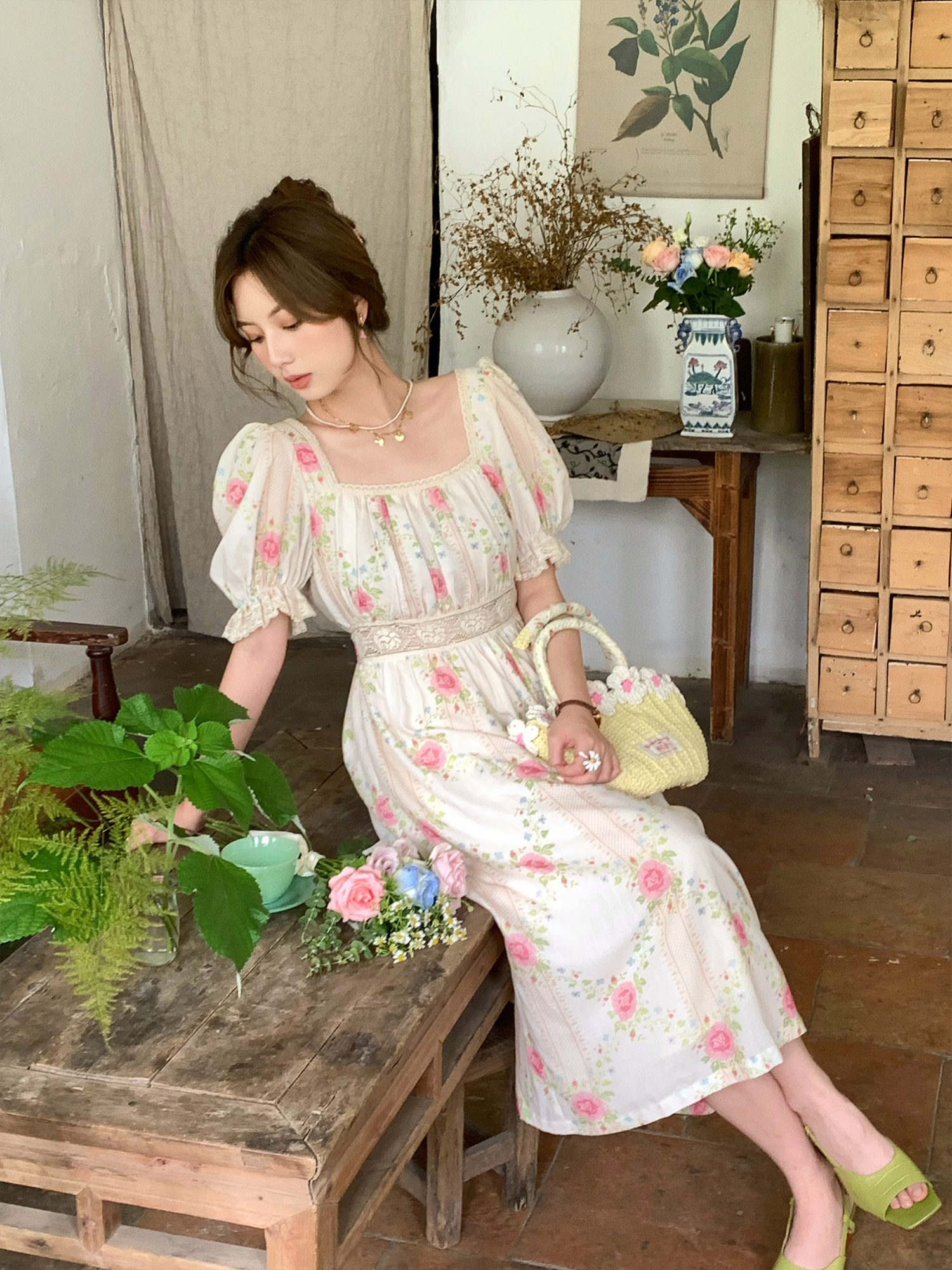 Peach Rose Retro Romantic Square Neck Dress with Puff Sleeves - Women's Summer Waist-Defined Lace Long Dress for 90s Y2K Style Peach Rose Retro Romantic Square Neck Dress with Puff Sleeves - Women's Summer Waist-Defined Lace Long Dress for 90s Y2K Style