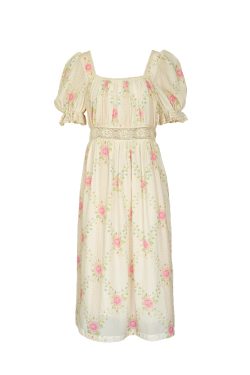 Peach Rose Retro Romantic Square Neck Dress with Puff Sleeves - Women's Summer Waist-Defined Lace Long Dress for 90s Y2K Style