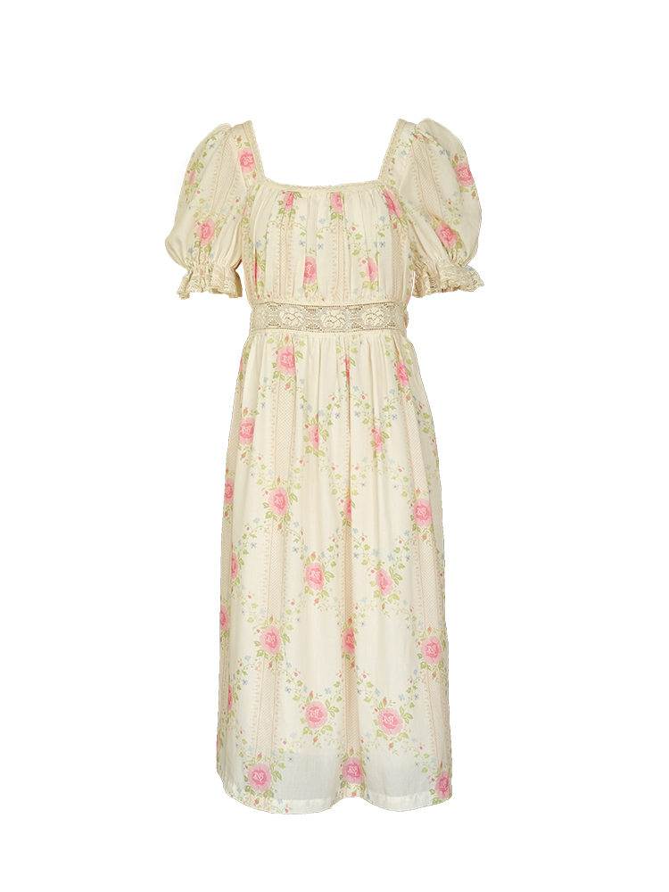 Peach Rose Retro Romantic Square Neck Dress with Puff Sleeves - Women's Summer Waist-Defined Lace Long Dress for 90s Y2K Style Peach Rose Retro Romantic Square Neck Dress with Puff Sleeves - Women's Summer Waist-Defined Lace Long Dress for 90s Y2K Style