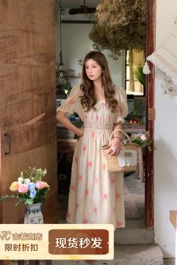 Peach Rose Retro Romantic Square Neck Dress with Puff Sleeves - Women's Summer Waist-Defined Lace Long Dress for 90s Y2K Style