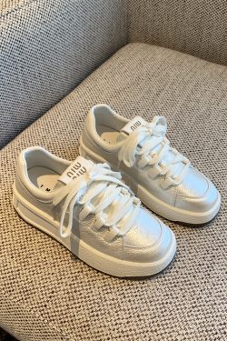 Pearl White Casual Sneakers for Women - 2025 Spring Versatile Lace-Up Height-Increasing Thick-Soled Little White Shoes