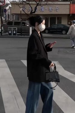 Petite Black Loose Casual Blazer Jacket for Women - 2025 Spring Autumn High-End Fashion Outerwear