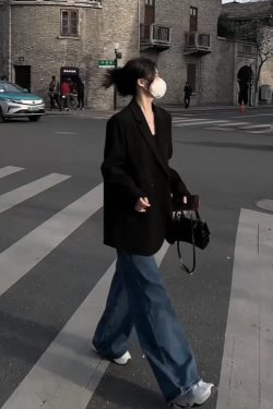 Petite Black Loose Casual Blazer Jacket for Women - 2025 Spring Autumn High-End Fashion Outerwear