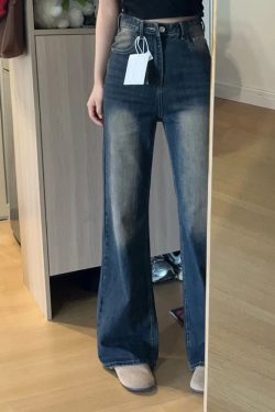 Petite Dark Blue Denim Pants for Women, Slightly Flared Loose Fit, 2025 New Style, Non-Skinny Straight Leg Trousers
