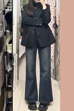 Petite Dark Blue Denim Pants for Women, Slightly Flared Loose Fit, 2025 New Style, Non-Skinny Straight Leg Trousers